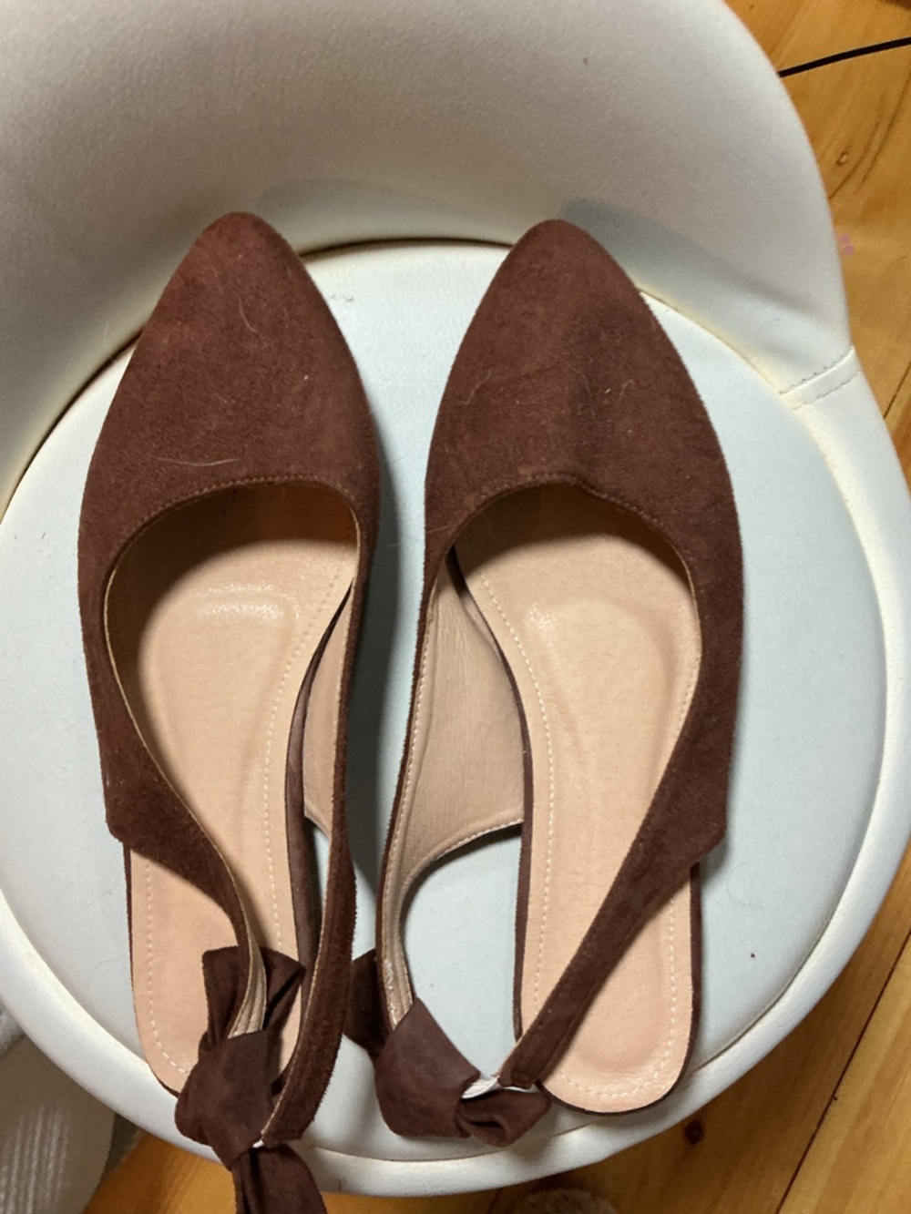 Brown Suede Pointed Toe Slingback Flats with Tie Detail